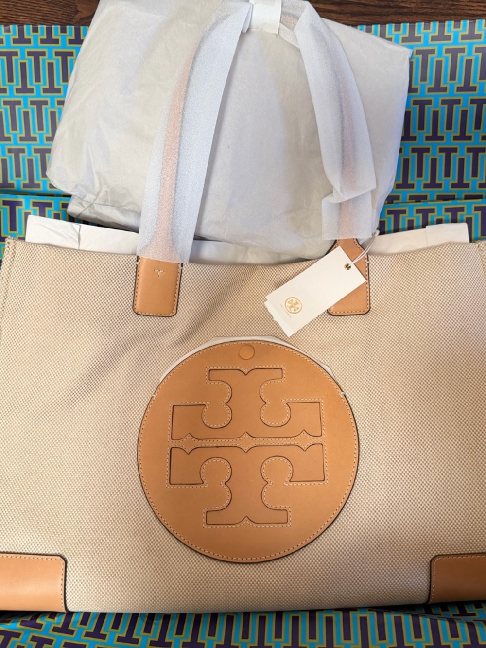Tory Burch Beige Canvas Tote with Tan Leather Trim